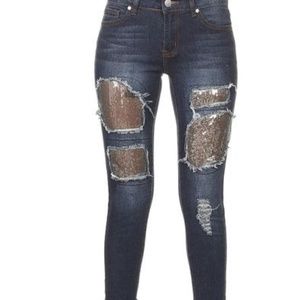 Chloe Silver Sequin Skinny Cuff Denim Jeans